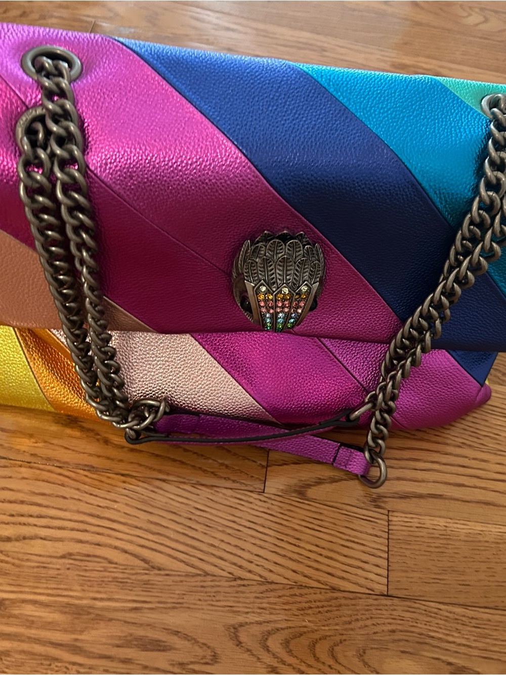 Kurt Geiger Multicolor Diagonal Stripe Leather Shoulder Bag with Chain Strap